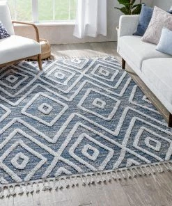 Well Woven Willow Moroccan Lattice Trellis Blue High-Low Textured Rug Global