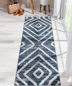 Well Woven Willow Moroccan Lattice Trellis Blue High-Low Textured Rug Global
