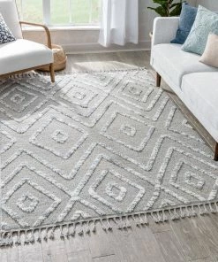 Well Woven Willow Moroccan Lattice Trellis Grey High-Low Textured Rug