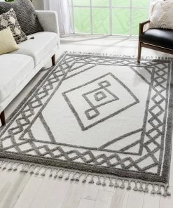 Well Woven Everly Tribal Trellis Diamond Pattern Ivory Grey High-Low Textured Rug