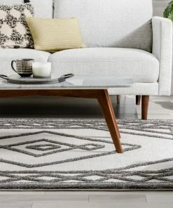 Well Woven Everly Tribal Trellis Diamond Pattern Ivory Grey High-Low Textured Rug