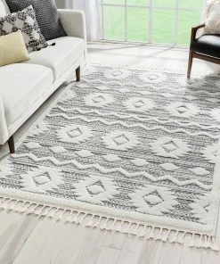 Well Woven Global Addison Tribal Moroccan Diamond Pattern Black/Off-White High-Low Textured Rug