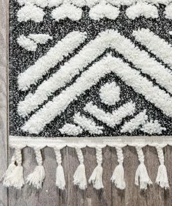 Well Woven Global Eliana Tribal Geometric Chevron Pattern Dark Grey White High-Low Textured Rug