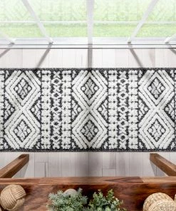 Well Woven Global Eliana Tribal Geometric Chevron Pattern Dark Grey White High-Low Textured Rug