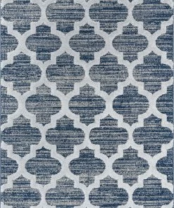 Well Woven Global Avery Moroccan Lattice Trellis Navy Blue Grey High-Low Textured Rug