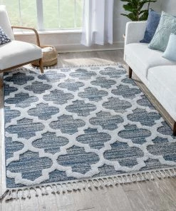 Well Woven Global Avery Moroccan Lattice Trellis Navy Blue Grey High-Low Textured Rug