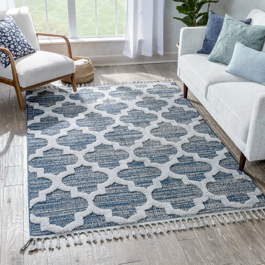 Well Woven Global Avery Moroccan Lattice Trellis Navy Blue Grey High-Low Textured Rug 1 Well Woven Global Avery Moroccan Lattice Trellis Navy Blue Grey High-Low Textured Rug