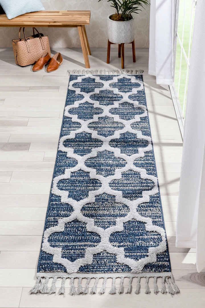 Well Woven Global Avery Moroccan Lattice Trellis Navy Blue Grey High-Low Textured Rug 7 Well Woven Global Avery Moroccan Lattice Trellis Navy Blue Grey High-Low Textured Rug