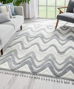 Well Woven Tribal Raelynn Contemporary Chevron Zig-Zag Patter Cream Grey High-Low Textured Rug