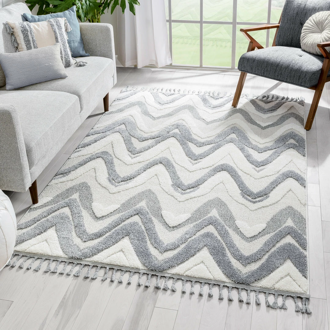 Well Woven Tribal Raelynn Contemporary Chevron Zig-Zag Patter Cream Grey High-Low Textured Rug 1 Well Woven Tribal Raelynn Contemporary Chevron Zig-Zag Patter Cream Grey High-Low Textured Rug