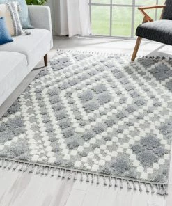 Well Woven Melanie Contemporary Medallion Diamond Pattern Grey Cream High-Low Textured Rug Tribal