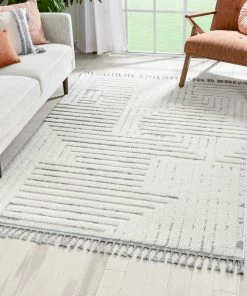 Well Woven Gianna Modern Geometric Stripes Cream Grey High-Low Textured Rug Tribal