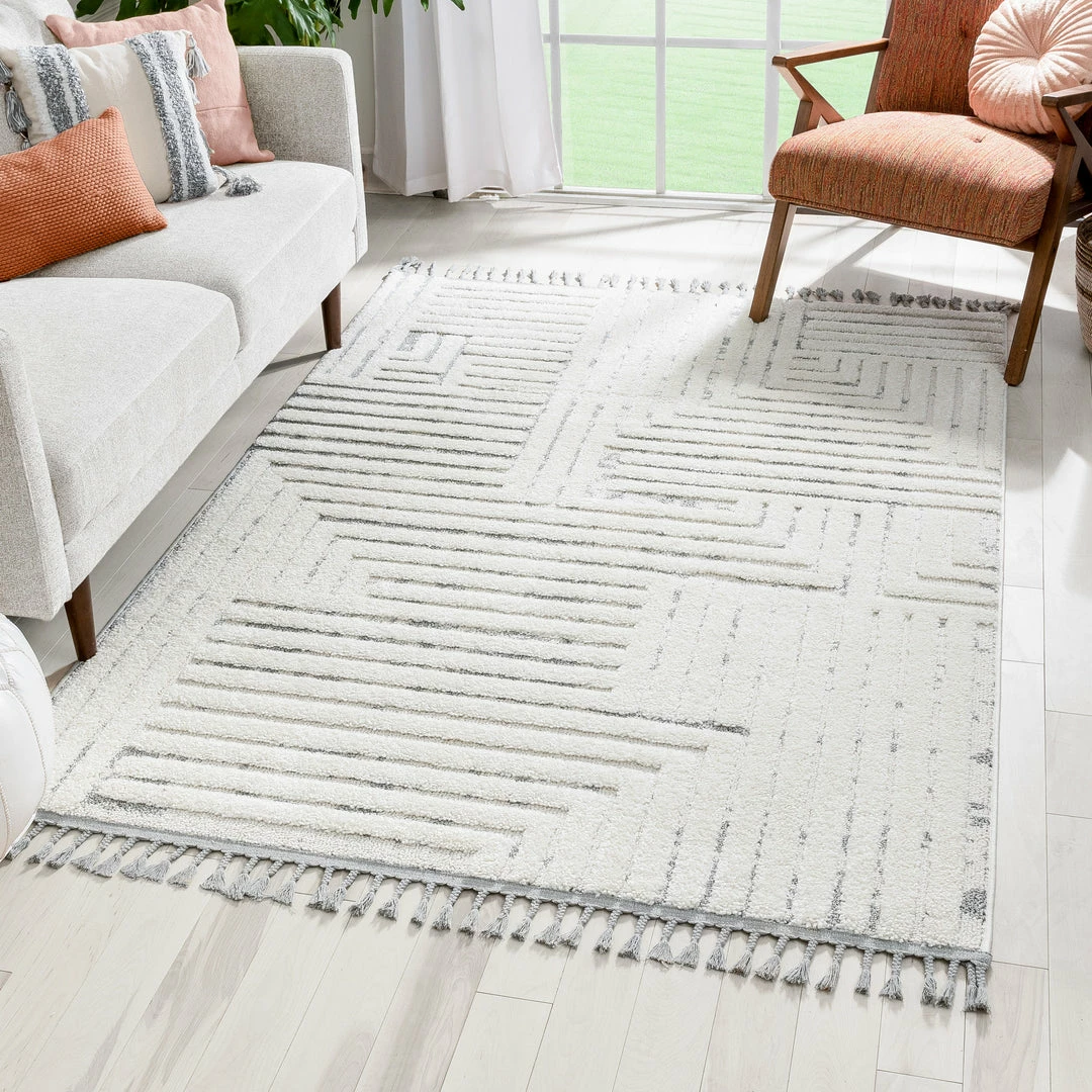 Well Woven Gianna Modern Geometric Stripes Cream Grey High-Low Textured Rug Tribal 1 Well Woven Gianna Modern Geometric Stripes Cream Grey High-Low Textured Rug Tribal
