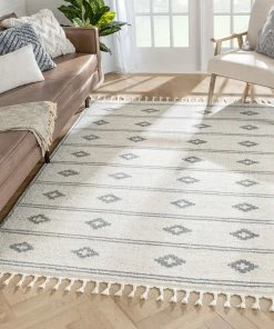 Well Woven Parallel Moroccan Tribal Diamond Pattern Ivory Grey Rug