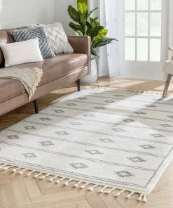 Well Woven Parallel Moroccan Tribal Diamond Pattern Ivory Grey Rug