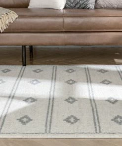 Well Woven Parallel Moroccan Tribal Diamond Pattern Ivory Grey Rug