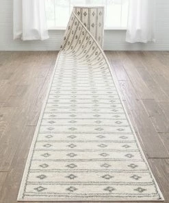 Well Woven Global Custom Size Runner Parallel Tribal Diamond Pattern Ivory Grey 27 Inch Wide X Choose Your Length Hallway Runner Rug