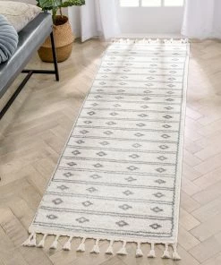 Well Woven Parallel Moroccan Tribal Diamond Pattern Ivory Grey Rug