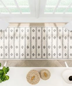 Well Woven Parallel Moroccan Tribal Diamond Pattern Ivory Grey Rug