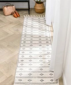 Well Woven Parallel Moroccan Tribal Diamond Pattern Ivory Grey Rug