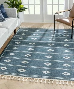Well Woven Global Parallel Moroccan Tribal Diamond Pattern Blue Rug