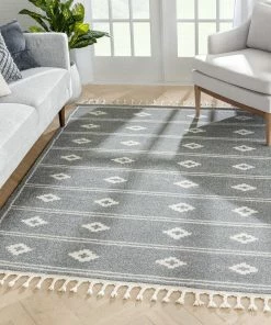 Well Woven Parallel Moroccan Tribal Diamond Pattern Grey Rug