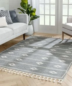 Well Woven Parallel Moroccan Tribal Diamond Pattern Grey Rug