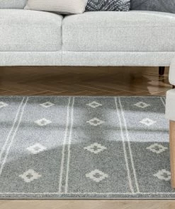Well Woven Parallel Moroccan Tribal Diamond Pattern Grey Rug