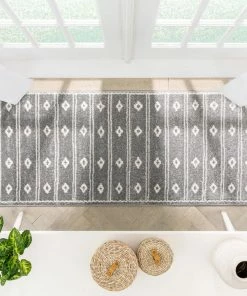 Well Woven Parallel Moroccan Tribal Diamond Pattern Grey Rug