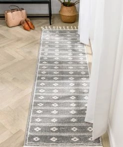 Well Woven Parallel Moroccan Tribal Diamond Pattern Grey Rug