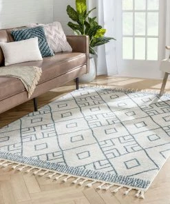 Well Woven Global Diodelly Moroccan Lattice Trellis Blue Ivory Rug