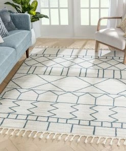 Well Woven Schematica Nordic Tribal Geometric Pattern Ivory Blue Rug