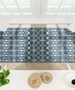 Well Woven Transistora Nordic Tribal Trellis Pattern Blue Rug
