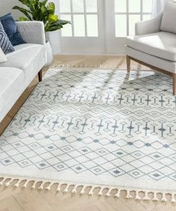 Well Woven Transistora Nordic Tribal Trellis Pattern Light Blue Ivory Rug