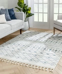 Well Woven Transistora Nordic Tribal Trellis Pattern Light Blue Ivory Rug