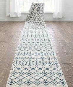 Well Woven Custom Size Runner Transistora Tribal Trellis Geometric Pattern Light Blue Ivory 27 Inch Wide X Choose Your Length Hallway Runner Rug