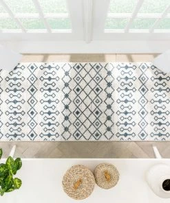 Well Woven Transistora Nordic Tribal Trellis Pattern Light Blue Ivory Rug