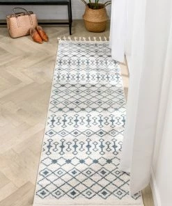 Well Woven Transistora Nordic Tribal Trellis Pattern Light Blue Ivory Rug