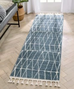 Well Woven Crisscross Nordic Geometric Pattern Blue Rug