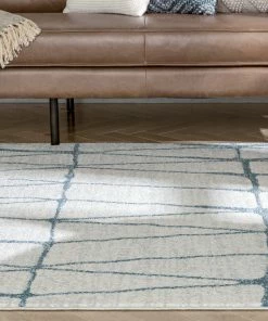 Well Woven Crisscross Nordic Geometric Pattern Blue Ivory Rug Global