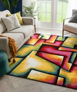 Well Woven Fortune Contemporary Abstract Geometric Boxes Multi Hand-Carved Rug