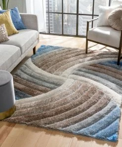 Well Woven Ucci Modern Modern Geometric Shag Beige 3D Textured Thick & Soft Shag Rug