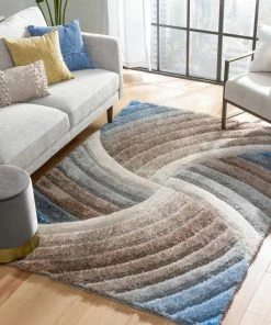 Well Woven Ucci Modern Modern Geometric Shag Beige 3D Textured Thick & Soft Shag Rug