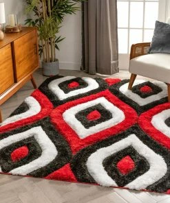 Well Woven Geometric Malibu Red Modern 3D Textured Shag Rug