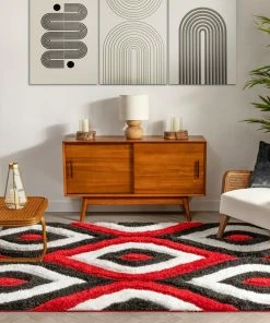 Well Woven Geometric Malibu Red Modern 3D Textured Shag Rug