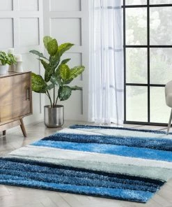 Well Woven Apallo Modern Geometric Light Blue 3D Textured Thick & Soft Shag Rug