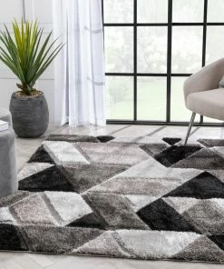 Well Woven Holland Modern Geometric Black 3D Textured Thick & Soft Shag Rug