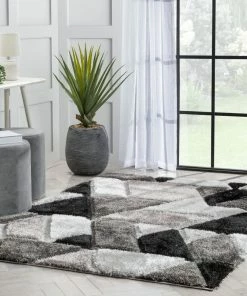Well Woven Holland Modern Geometric Black 3D Textured Thick & Soft Shag Rug