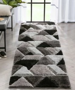 Well Woven Holland Modern Geometric Black 3D Textured Thick & Soft Shag Rug