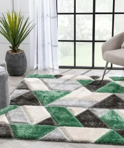 Well Woven Holland Modern Geometric Green 3D Textured Thick & Soft Shag Rug